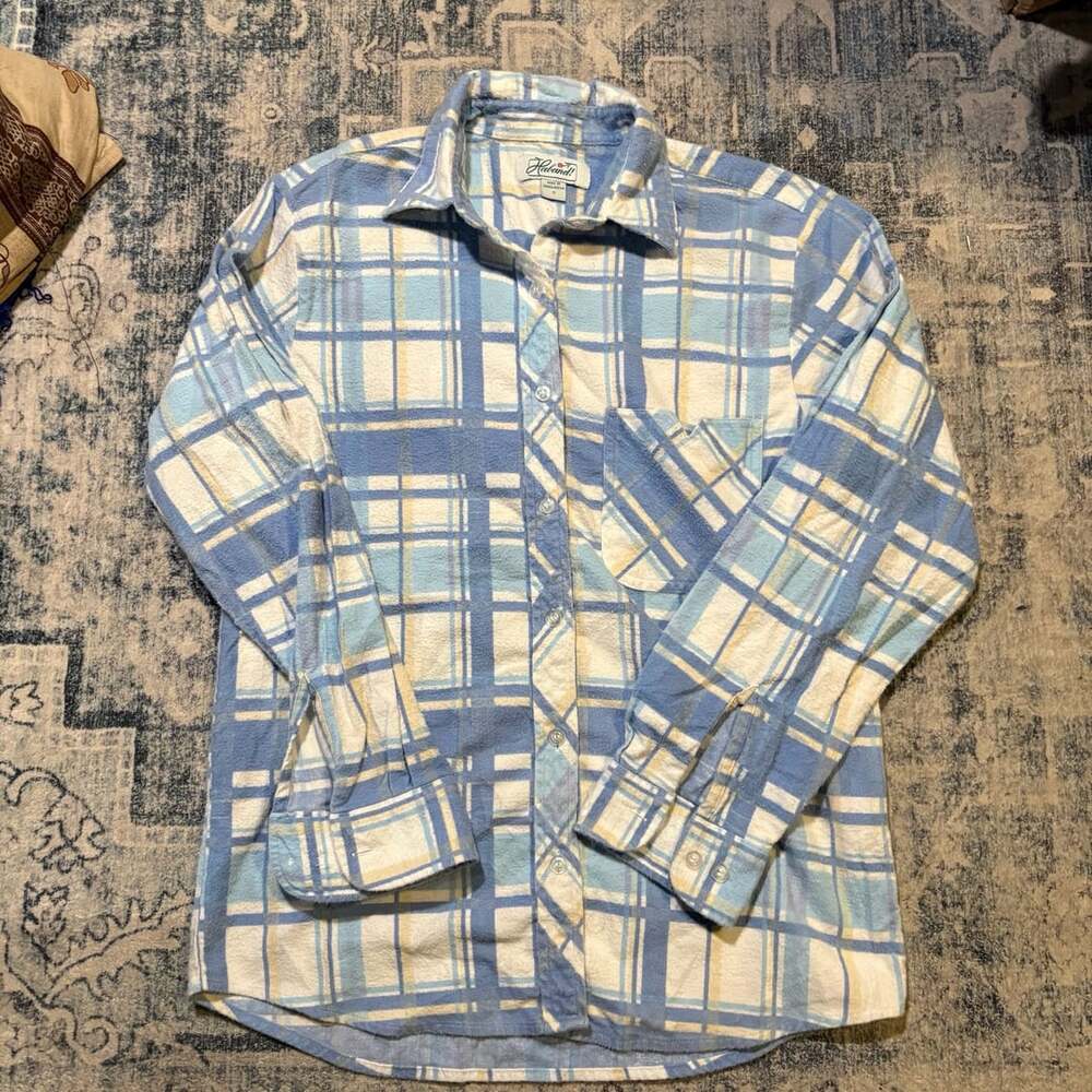 Late 90s Haband Plaid Flannel Button Up Shirt Size S Blue White Long Sleeve